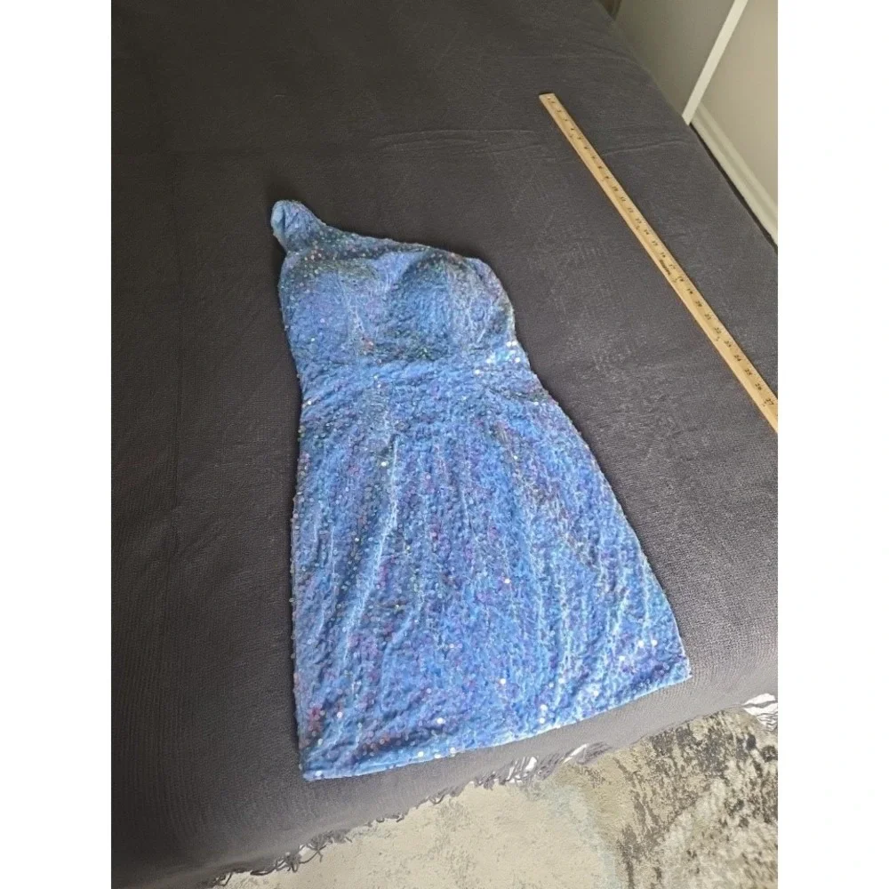 Sequin One Shoulder Mini Dress Blue Iridescent Homecoming Prom Party Women Small
